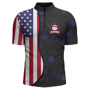 American Flag Bowling Quarter-Zip Shirt Custom Navy Bowling Jersey Men Patriotic Bowling Shirt BDT264