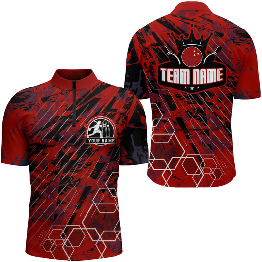 Custom Black&Red Bowling Shirt For Men Personalized Bowling Team Jersey Bowling 1/4 Zip Shirt BDT323