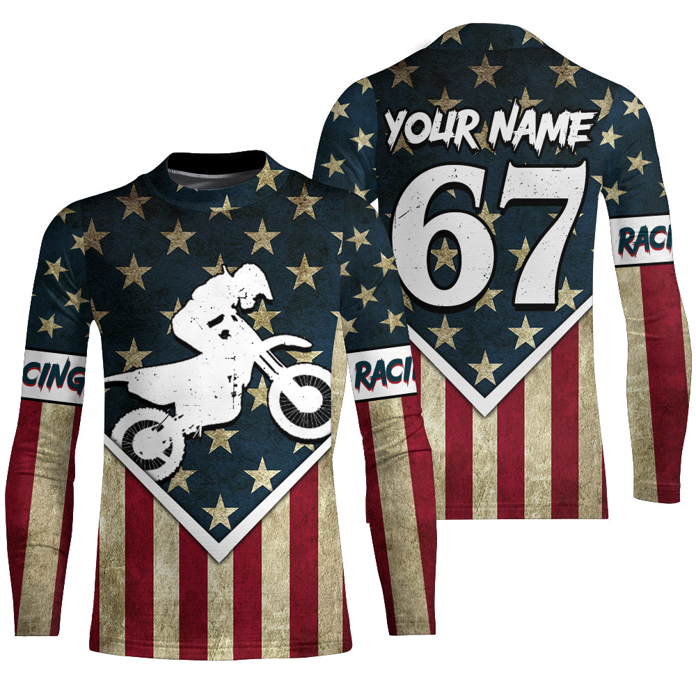 Kid&Adult American Flag Motocross Jersey Personalized UPF30+ Dirt Bike Shirt Off-Road MX Racing PDT748