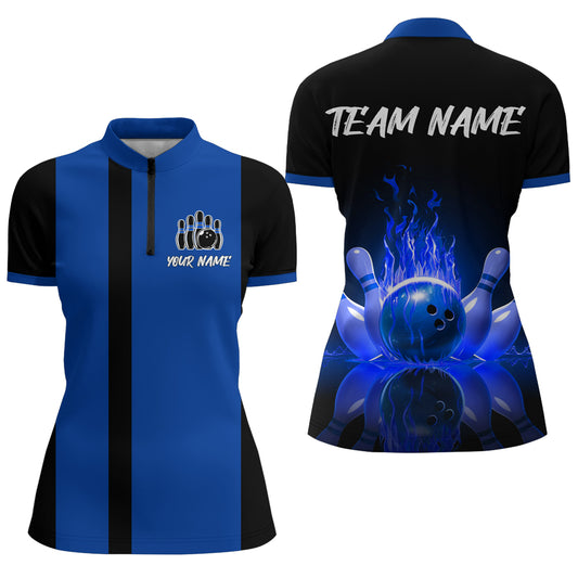 Blue Flame Bowling Shirt for Men & Women Custom Bowling Jersey Team League Bowling 1/4 Zip BDT547