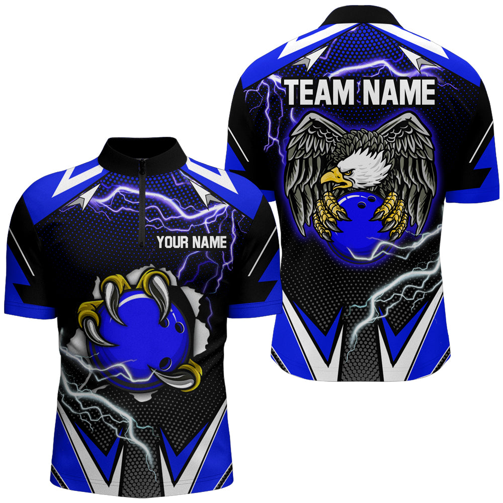 Custom Eagle Bowling Shirts for Men & Women Quarter Zip Bowling Team Jerseys Blue BDT468