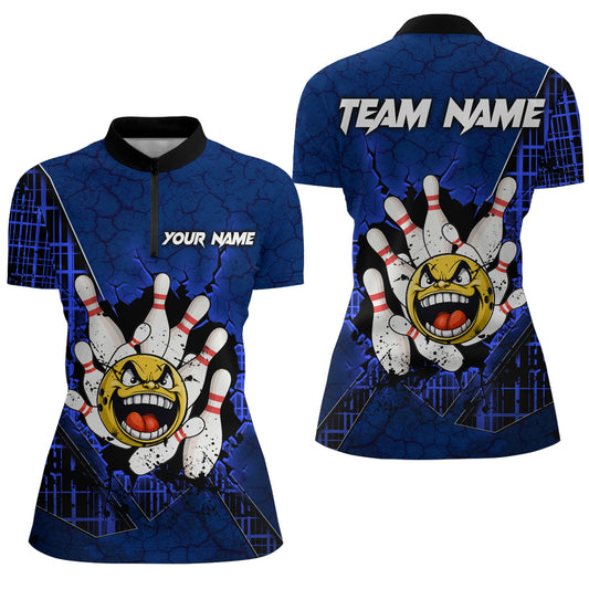 Funny Blue Bowling Quarter-Zip Shirts Men Women Custom Bowling Team Jersey Unisex Bowler Gift BDT489