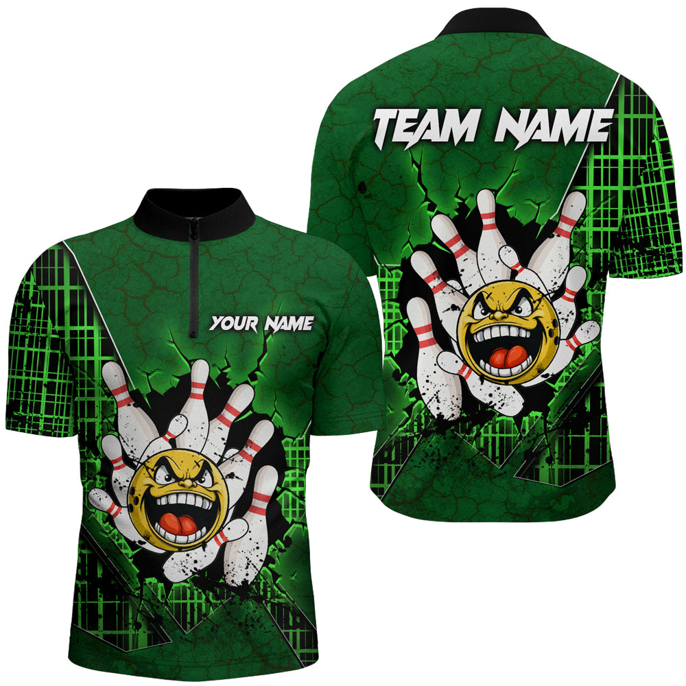 Funny Green Bowling Shirts Men Women Custom Bowling Team Jersey Unisex Bowler Gift Quarter-Zip BDT489