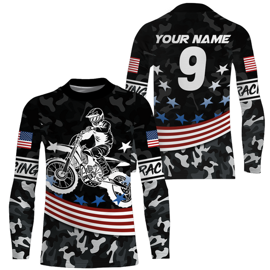 Camo Dirt Bike Jersey Kid Men Women Custom UPF30+ American Flag Motocross Shirts Motorcycle Riding PDT708