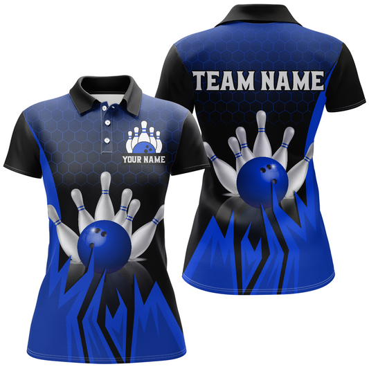 Custom Blue Flame Bowling Polo Shirts For Men & Women Bowling Team Jersey BDT456