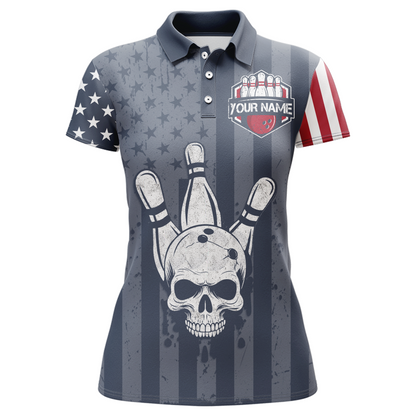 American Flag Bowling Shirt Women Skull Bowling Jersey Team Custom Bowling Polo Shirt BDT379