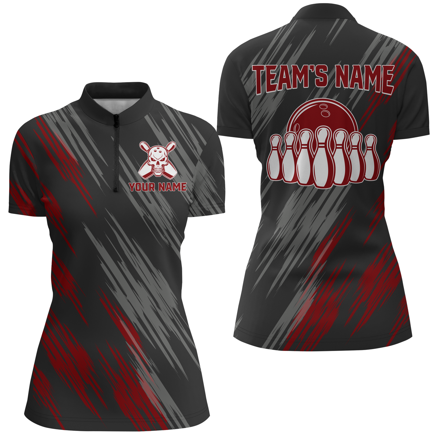 Skull Bowling Quarter-Zip Shirt For Women Black&Red Bowling Jersey Bowling Team Shirt BDT159