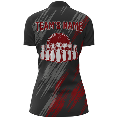 Skull Bowling Quarter-Zip Shirt For Women Black&Red Bowling Jersey Bowling Team Shirt BDT159