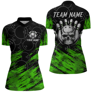 Green Skull Bowling Shirt for Men & Women Custom Funny 1/4 Zip Bowling Team Jersey BDT470