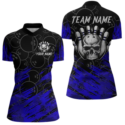 Blue Skull Bowling Shirt for Men & Women Custom Funny 1/4 Zip Bowling Team Jersey BDT470