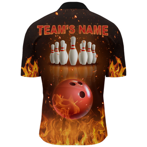 Personalized Men's Bowling Team Shirt Flame Bowling Jersey Custom Funny Bowling 1/4 Zip Shirt BDT330