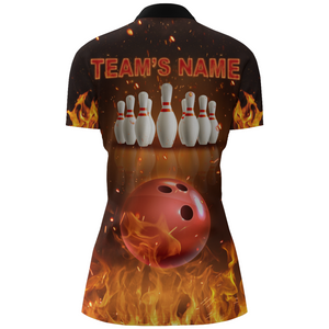 Personalized Women's Bowling Team Shirt Flame Bowling Jersey Custom Funny Bowling 1/4 Zip Shirt BDT330