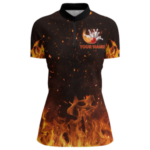 Personalized Women's Bowling Team Shirt Flame Bowling Jersey Custom Funny Bowling 1/4 Zip Shirt BDT330