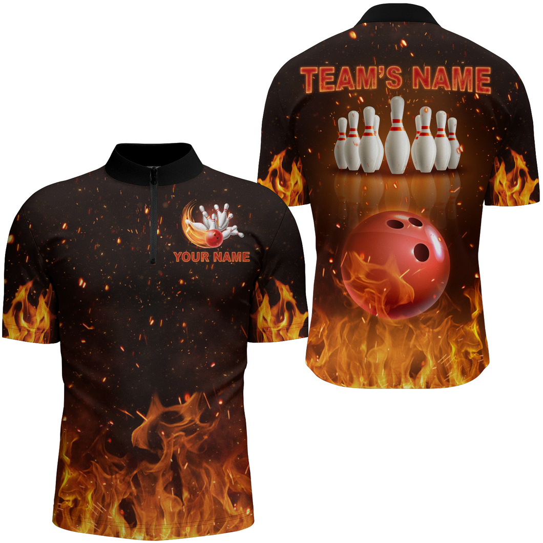 Personalized Men's Bowling Team Shirt Flame Bowling Jersey Custom Funny Bowling 1/4 Zip Shirt BDT330