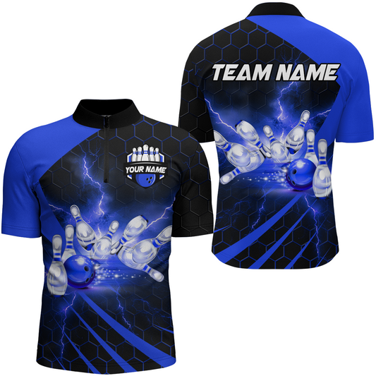 Custom Bowling Jersey For Couples Blue Bowling 1/4 Zip Shirts For Men And Women BDT491