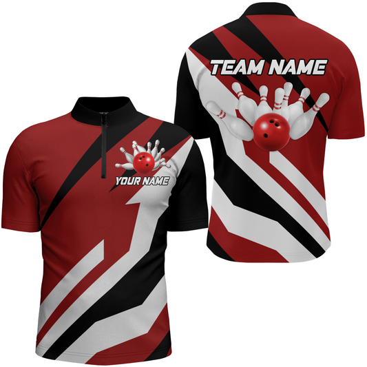 Red Bowling Shirts Unisex Custom Bowling Jersey for Men & Women 1/4 Zip Bowling Team League BDT553
