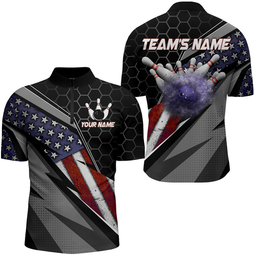American Flag Bowling Shirt Men Patriotic Bowling Jersey Team Custom Bowling Quarter-Zip Shirt BDT381