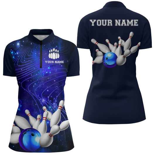Blue Bowling Jersey For Women Custom Bowling Shirt 3D Bowling Quarter-Zip Shirt For Team BDT250