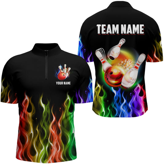 Rainbow Flame Bowling Jersey For Men Personalized Bowling Team Shirts Bowling Quarter-Zip Shirt BDT324