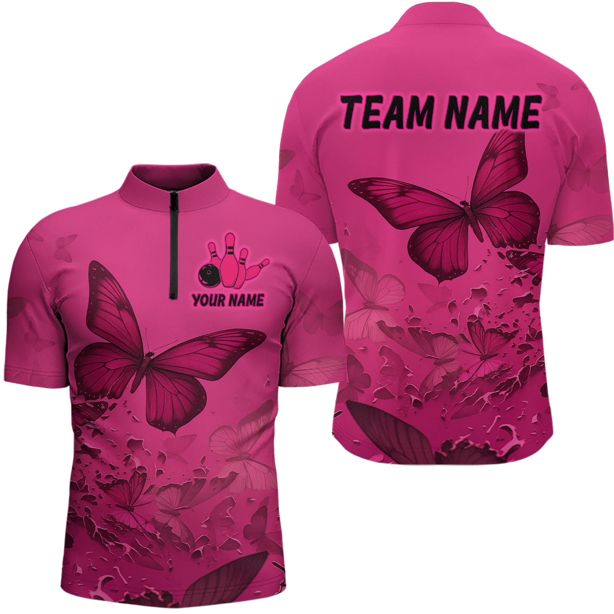 Pink Butterflies Bowling Shirts for Women Men Team Custom Bowling Polo and 1/4 Zip MBL121
