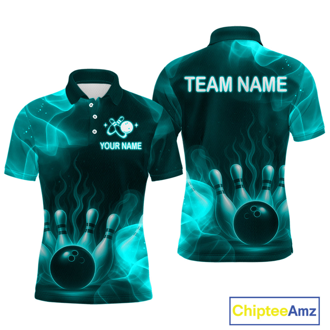 Teal Flaming Bowling Shirts for Women Men Custom Team Bowling Polo & Quarter Zip MBL140