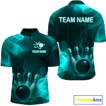 Load image into Gallery viewer, Teal Flaming Bowling Shirts for Women Men Custom Team Bowling Polo &amp; Quarter Zip MBL140
