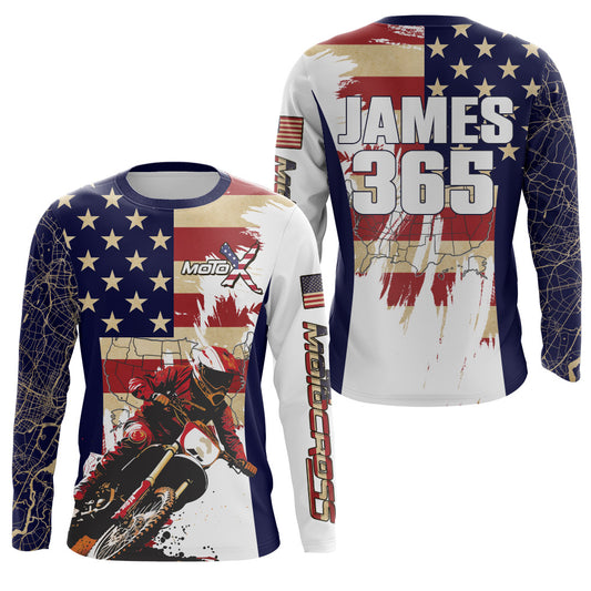 Motocross Racing Jersey UPF30+ American Flag Dirt Bike Shirt Kid Men Women Map US Patriotic XM102