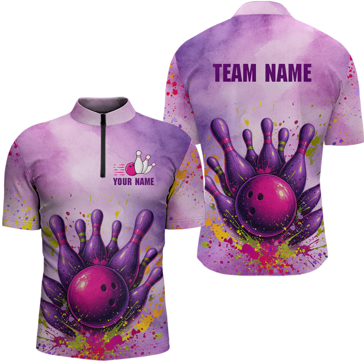 Purple Bowling Shirts for Women Men Team Bowling Polo & Quarter Zip for Bowlers MBL119
