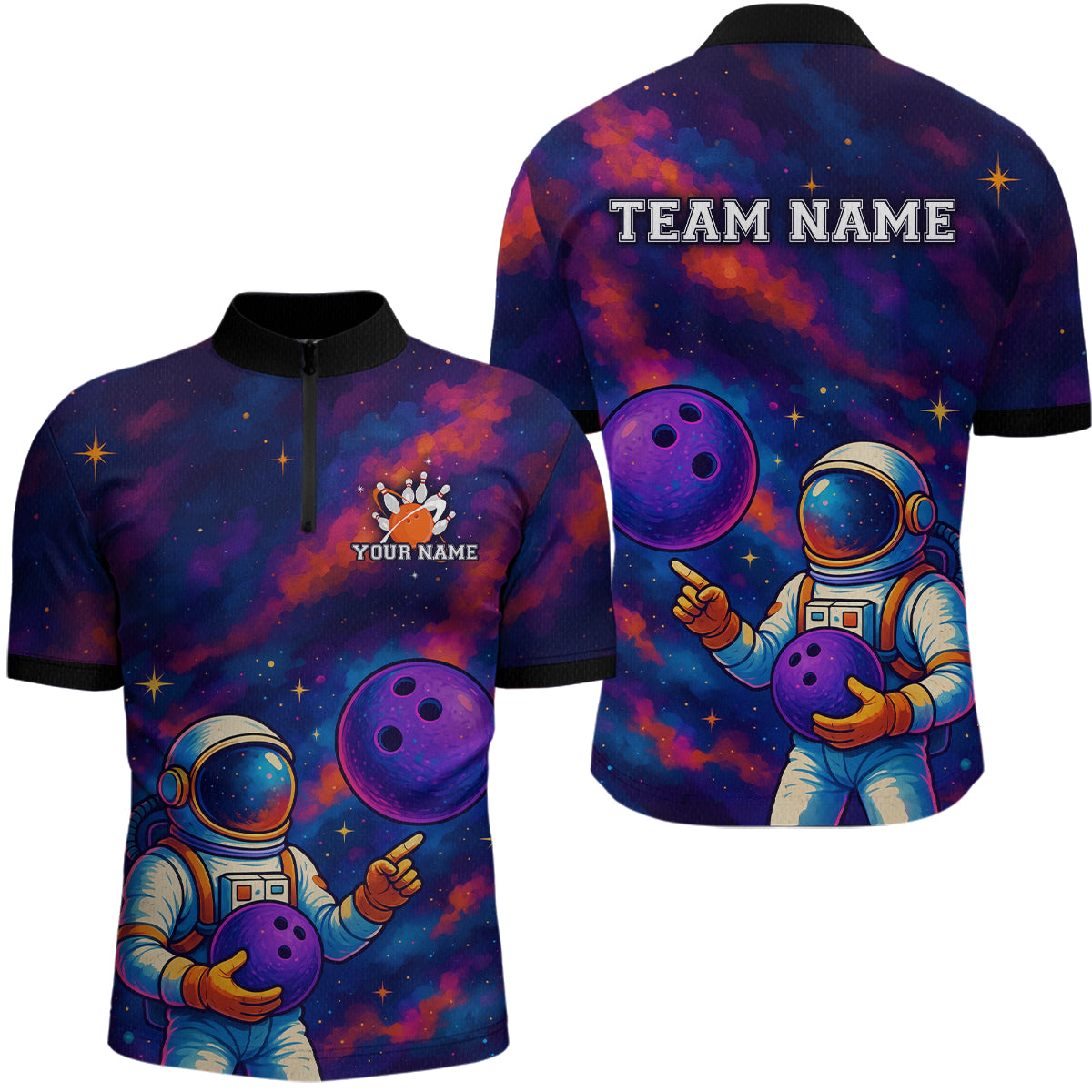 Astronaut Bowling Shirts for Women Men Team Custom Galaxy Bowling Polo and 1/4 Zip MBL172