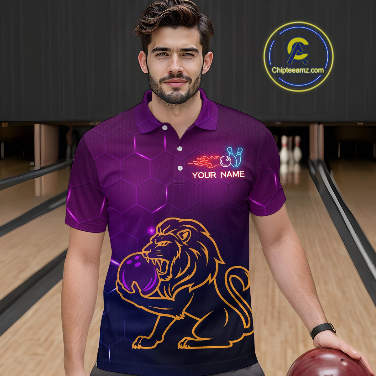 Neon Purple Lion Bowling Shirts for Men Women Team Bowling Jerseys Polo and Zip Shirt MBL165