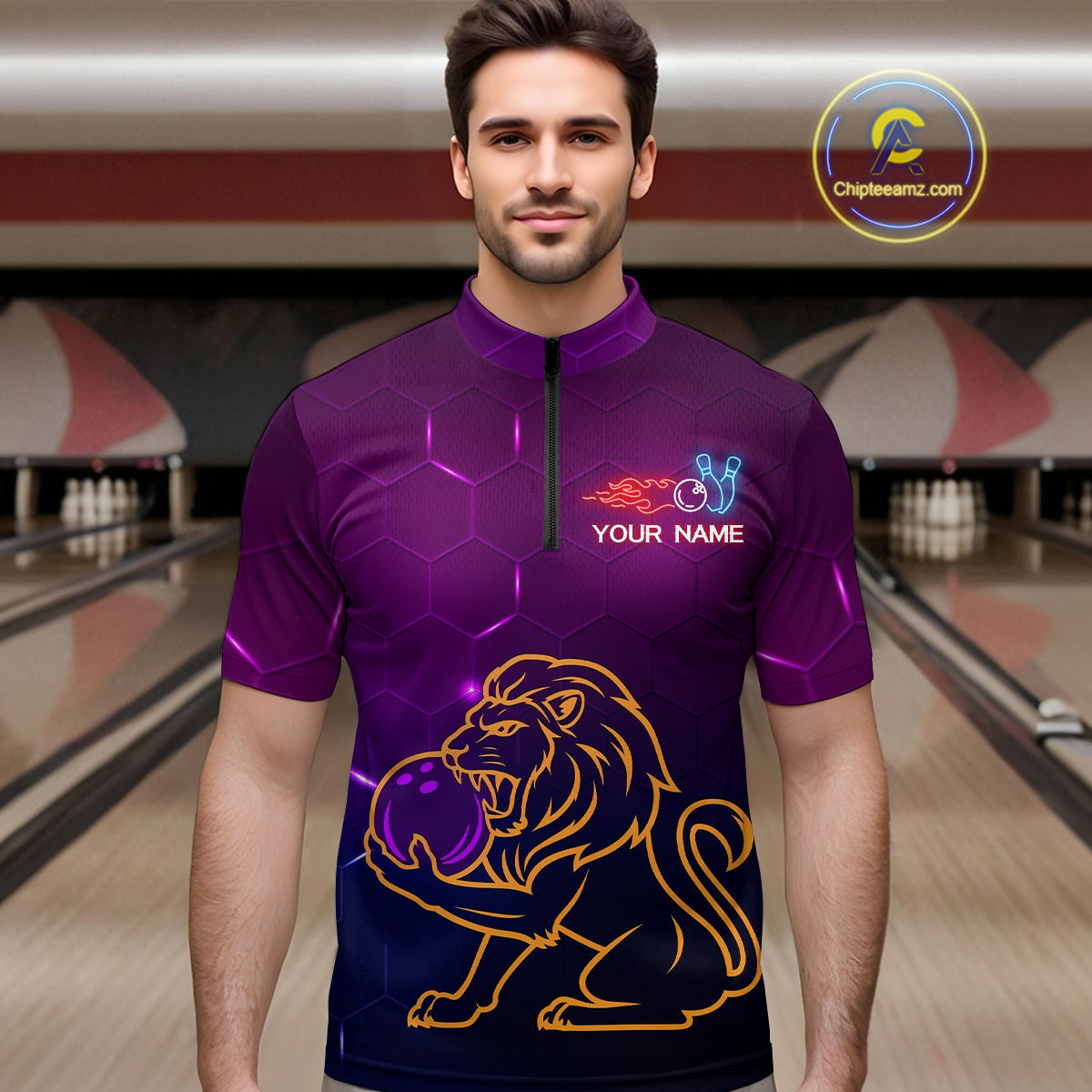 Neon Purple Lion Bowling Shirts for Men Women Team Bowling Jerseys Polo and Zip Shirt MBL165