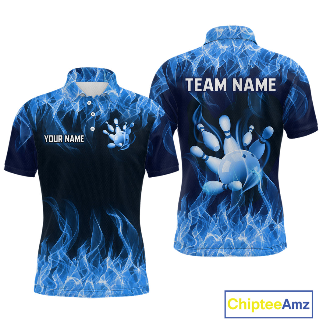Custom Blue Flame Bowling Jersey for Men Bowling Uniform Polo & 1/4 Zip Bowling Team Shirts HNT106