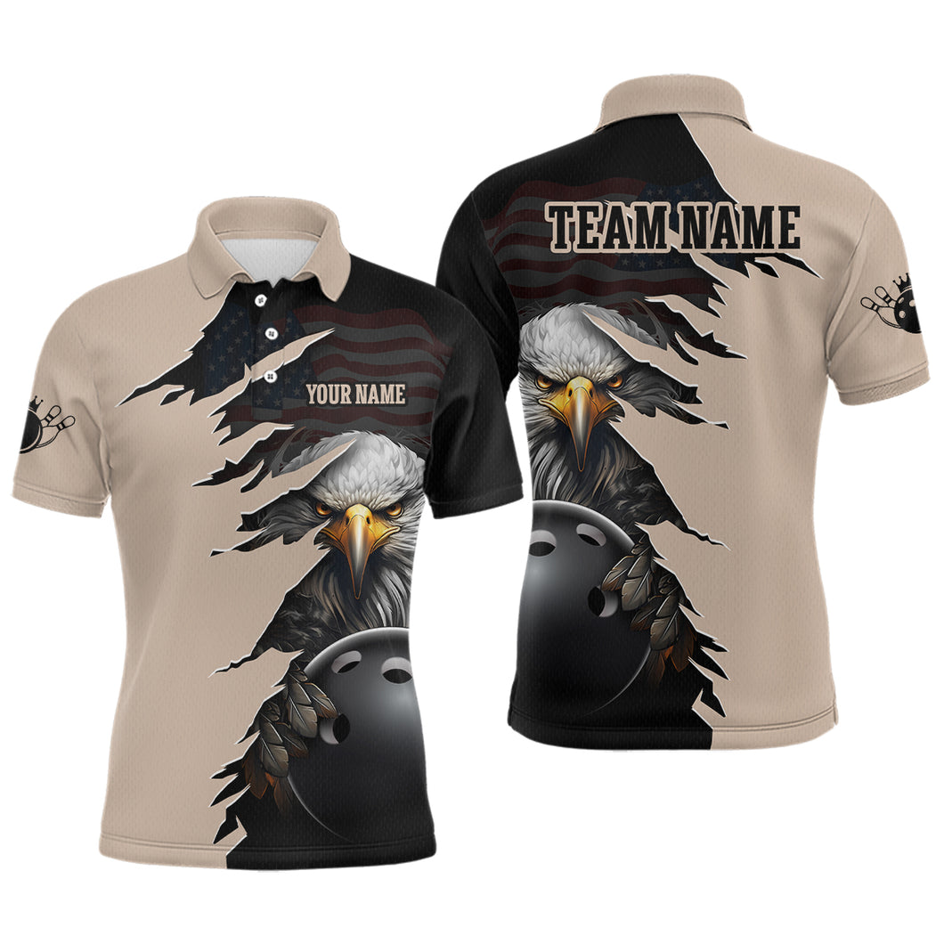 US Flag Eagle 3D Bowling Shirt for Men Custom Name Polo & Quarter-zip Bowling Jersey with Team HNT05