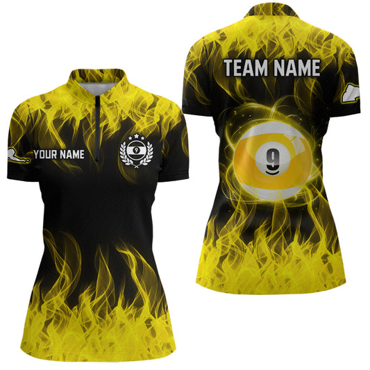 Personalized Yellow Flaming Billiard Jerseys 9 Ball Pool Billiard Shirts for Women Team Polo & 1/4 Zip Shirt NNT32