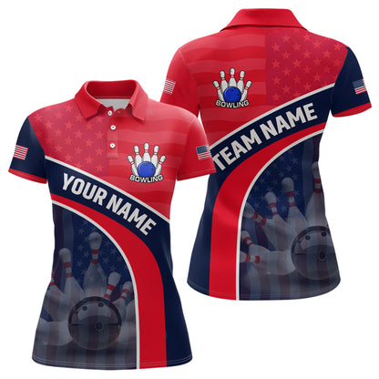 Personalized US Flag Bowling Jersey for Women Bowling Gifts Bowling Team Jersey with Name Polo & 1/4 Zip HNT28