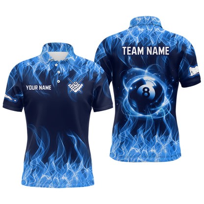 Blue Flaming 8 Ball Pool Shirts Men Billiard Polo & 1/4 Zip Shirts Billiard Team Jerseys NNT10