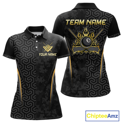 Custom Black Gold 8 Ball Flame Billiard Shirts for Women, Billiard Team Polo & 1/4 Zip Shirts NNT61