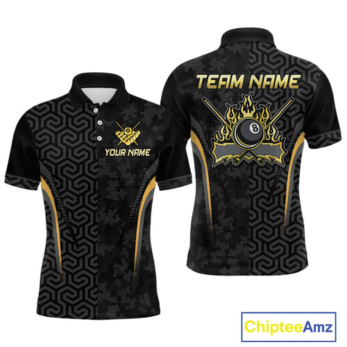 Custom Black Gold 8 Ball Flame Billiard Shirts for Men, Billiard Team Polo & 1/4 Zip Shirts NNT61