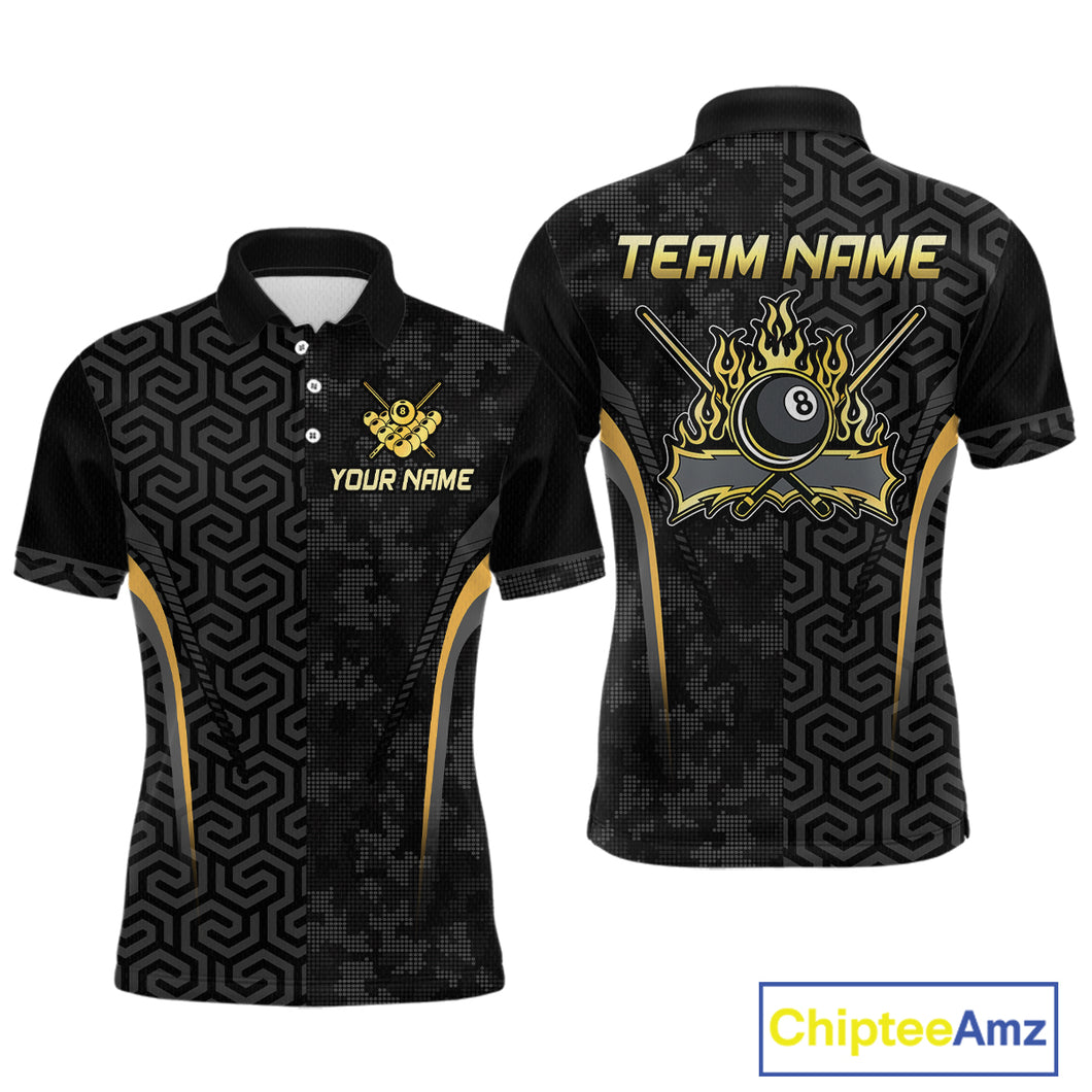 Custom Black Gold 8 Ball Flame Billiard Shirts for Men, Billiard Team Polo & 1/4 Zip Shirts NNT61