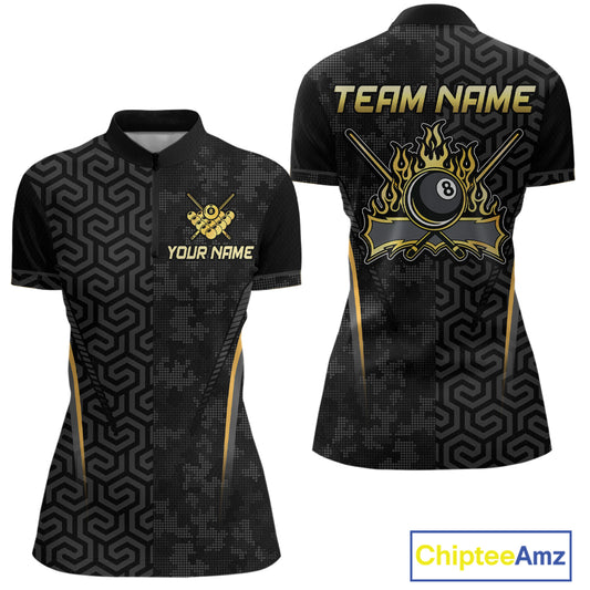 Custom Black Gold 8 Ball Flame Billiard Shirts for Women, Billiard Team Polo & 1/4 Zip Shirts NNT61