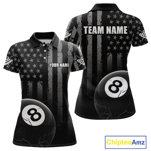 Custom American Flag 8 Ball Billiard Shirts for Women, Billiard Team Polo & 1/4 Zip Shirts NNT64