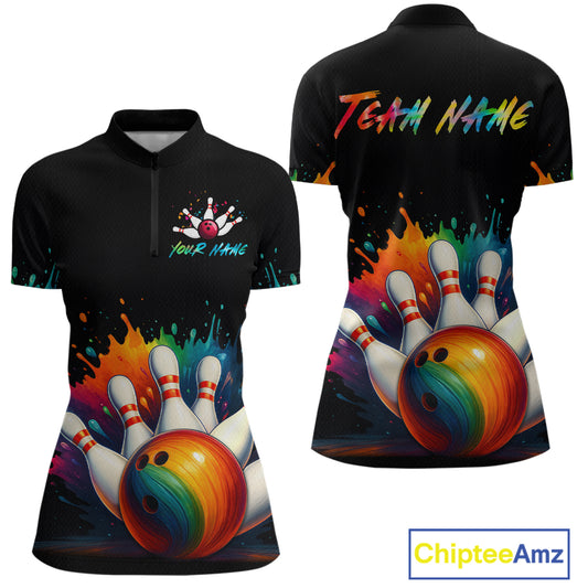 Custom Funny Colorful Bowling Jersey for Women Bowling Uniform Polo & 1/4 Zip Bowling Team Shirts HNT116