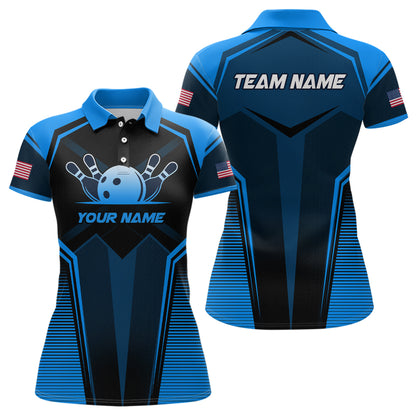 Custom Blue Bowling Jersey for Women Bowling Team Shirts Bowling Uniform Polo & 1/4 Zip HNT158