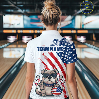 Funny US Flag French Bulldog Bowling Women Polo & 1/4 Zip Shirts Bowling Team Jersey HNT88