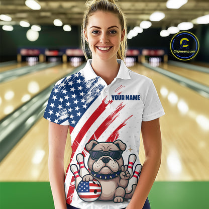 Funny US Flag French Bulldog Bowling Women Polo & 1/4 Zip Shirts Bowling Team Jersey HNT88
