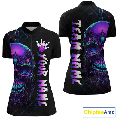 Purple Skull Bowling Custom Women Bowling Shirt Polo & Quarter-Zip Bowling Team Jerseys HNT51