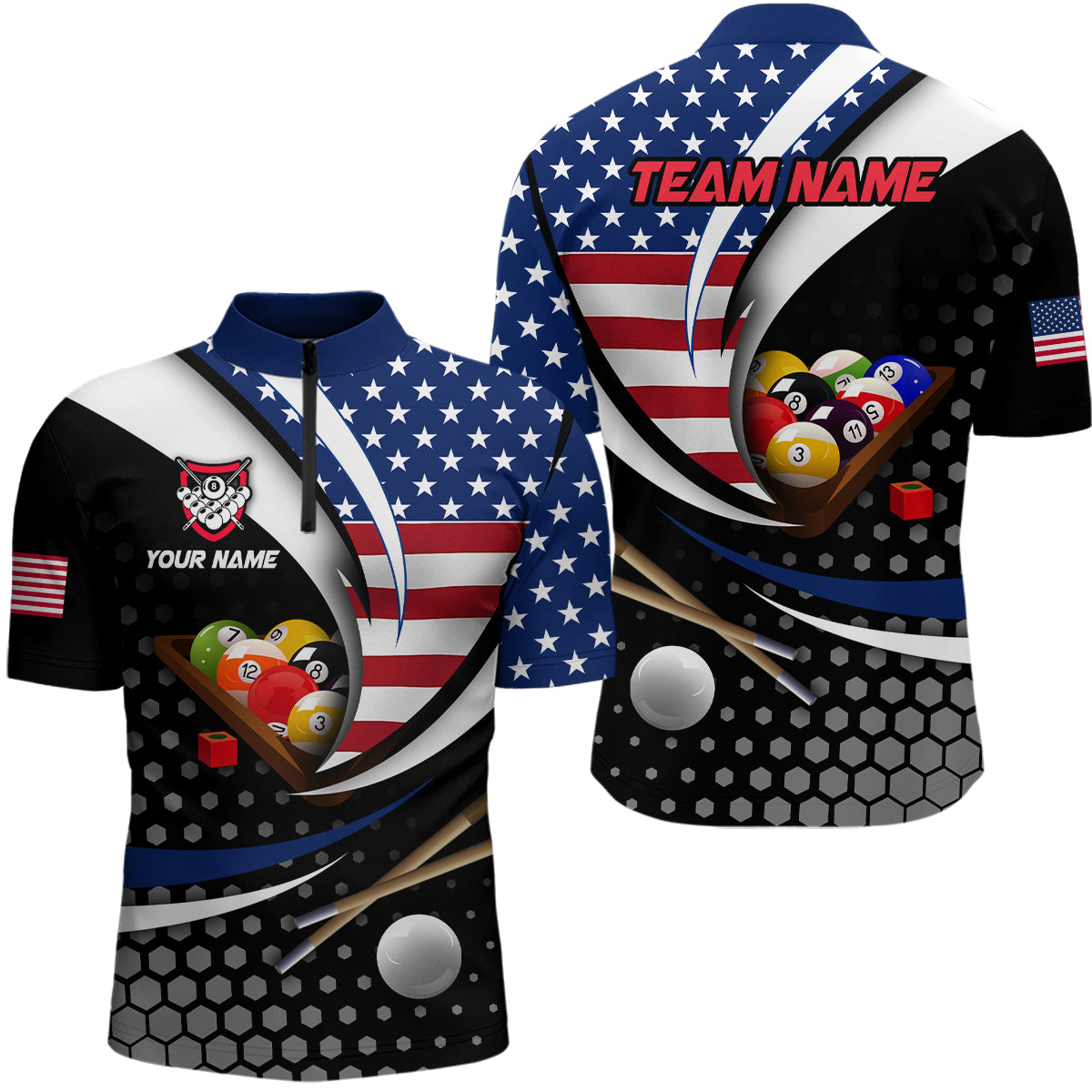 Custom US Flag 8 Ball Billiard Shirts for Men Billiard Team Shirts Billiard League Polo & 1/4 Zipper NNT83