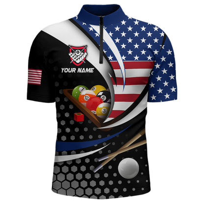 Custom US Flag 8 Ball Billiard Shirts for Men Billiard Team Shirts Billiard League Polo & 1/4 Zipper NNT83