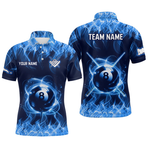 Personalized Blue Flaming Billiard Jerseys 8 Ball Pool Billiard Shirts for Men Team Polo & 1/4 Zip Shirt NNT29
