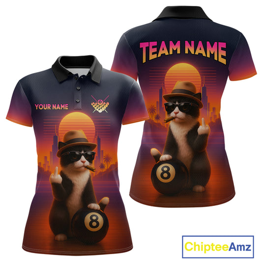 Custom Funny Cat 8 Ball Billiard Jersey for Women Billiard Uniform Polo & 1/4 Zip Billiard Team Shirts NNT80